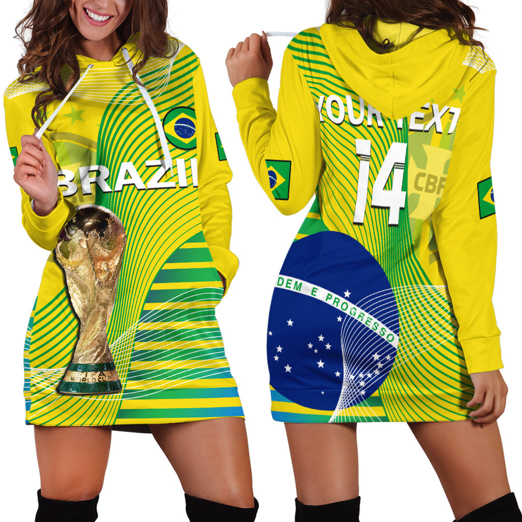 Brazil football hoodie dress, yellow with green stripes, hood and front graphic