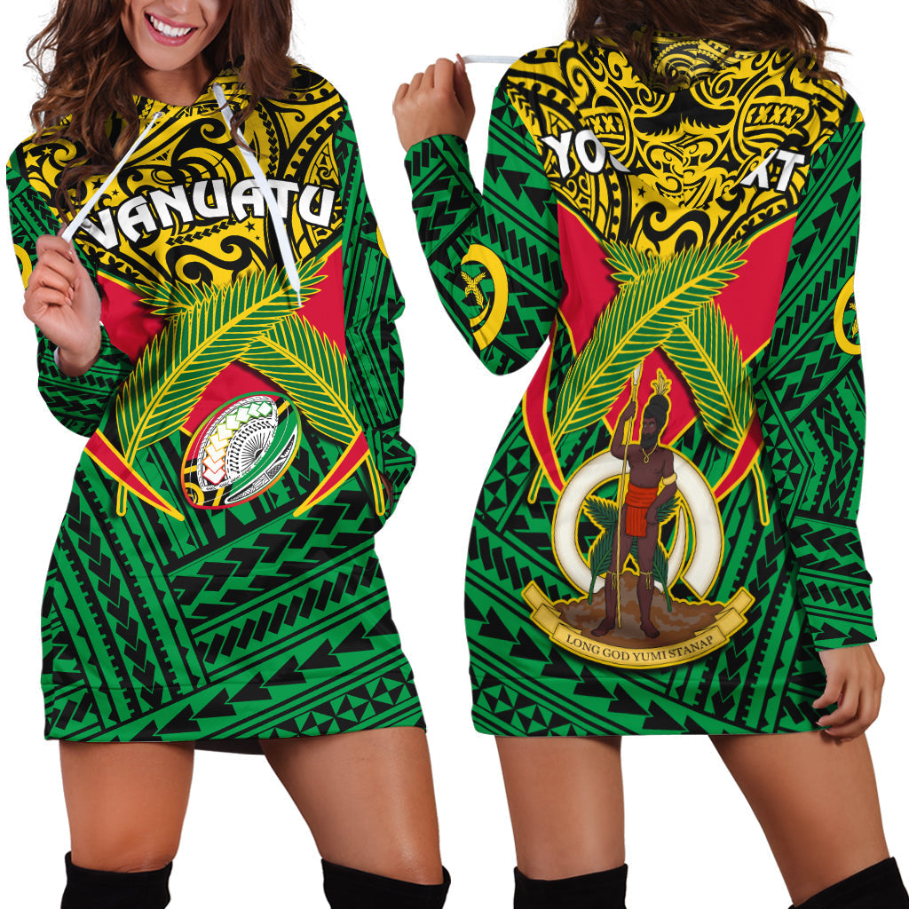 Custom Personalised Vanuatu Rugby Hoodie Dress Coat Of Arms Polynesian Pattern - Wonder Print Shop