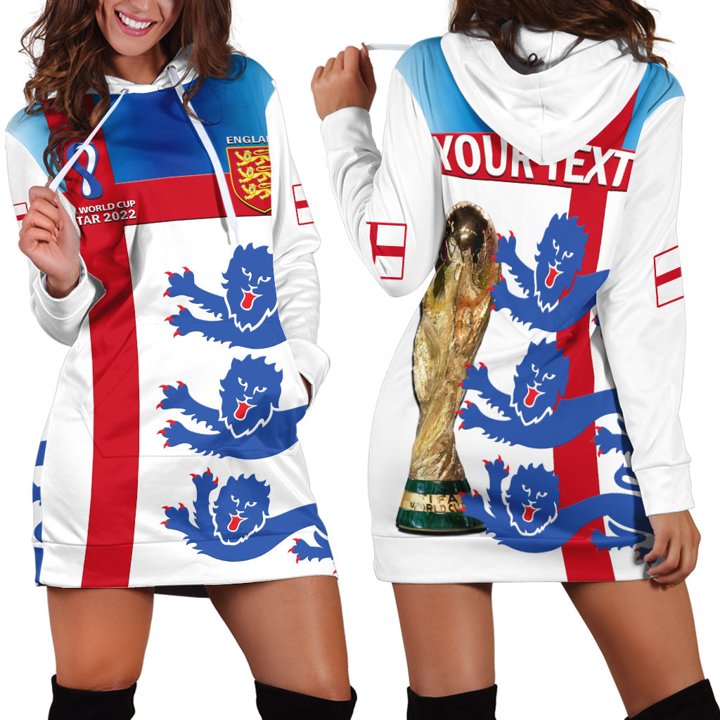 White hoodie dress with blue lion and red England flag graphics, front pouch pocket