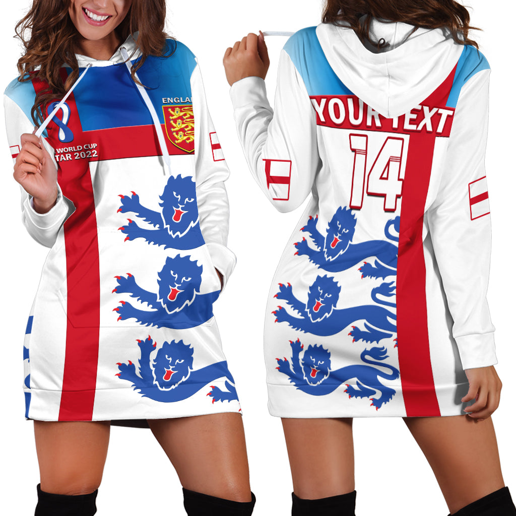 White hoodie dress with England crest, lion graphics, hood, long sleeves, and number 14