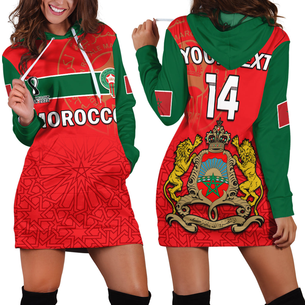 (Custom Text And Number) Morocco Football Hoodie Dress Atlas Lions Red World Cup 2022 - Wonder Print Shop