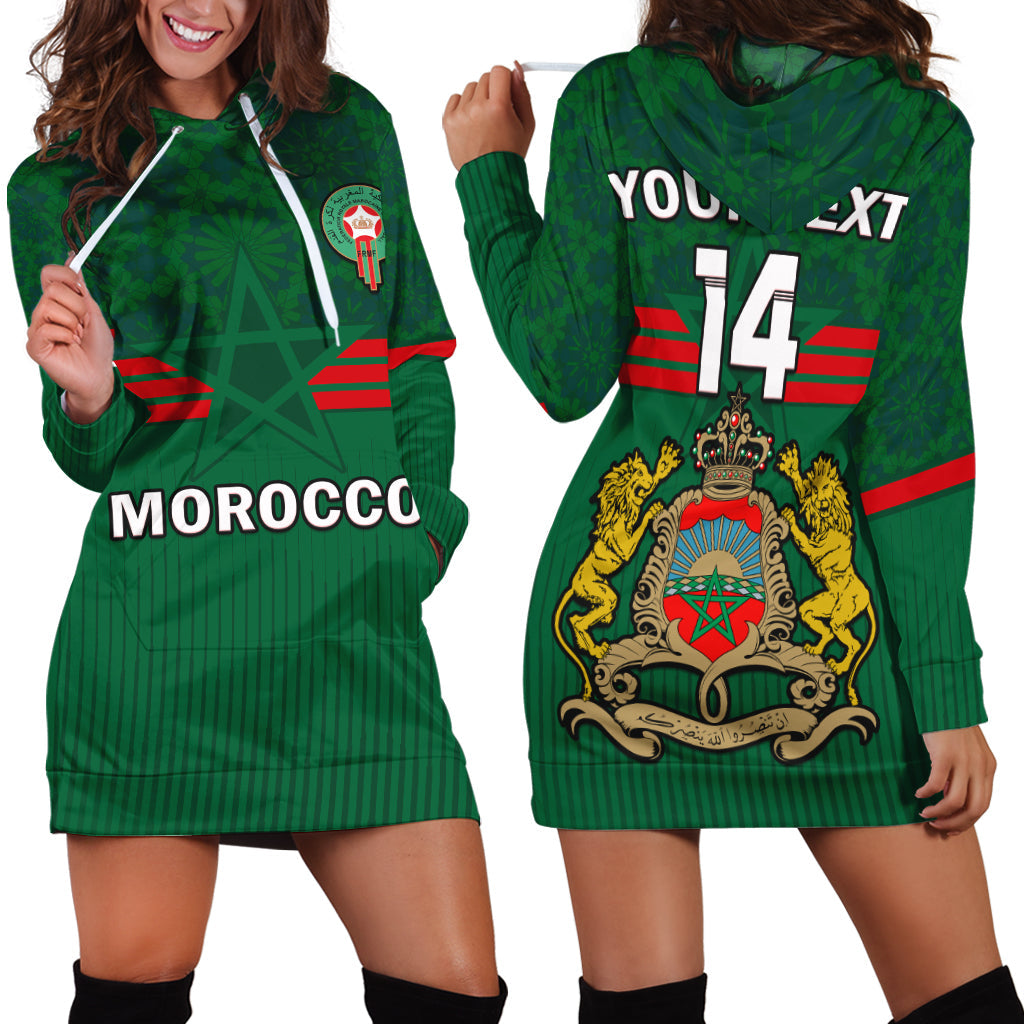 (Custom Text And Number) Morocco Football Hoodie Dress World Cup 2022 Green Moroccan Pattern - Wonder Print Shop