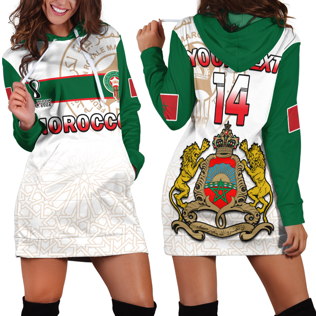 White hoodie dress with green sleeves, Morocco crest and 'MOROCCO' graphic, number 14.
