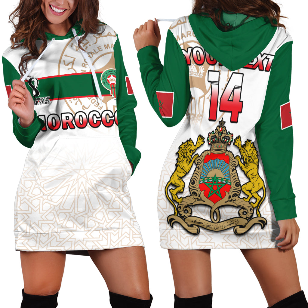 (Custom Text And Number) Morocco Football Hoodie Dress Atlas Lions White World Cup 2022 - Wonder Print Shop