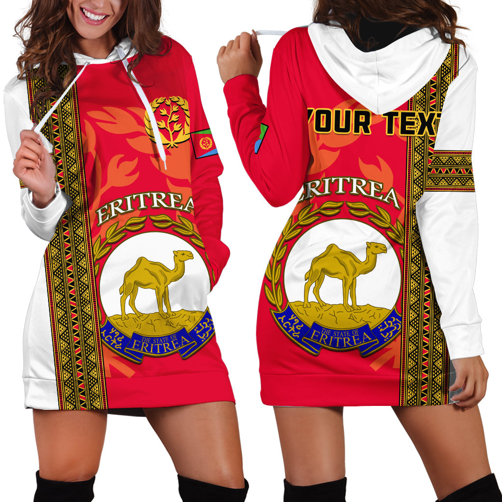 Red hoodie dress with white hood, Eritrea camel graphic and patterned trim