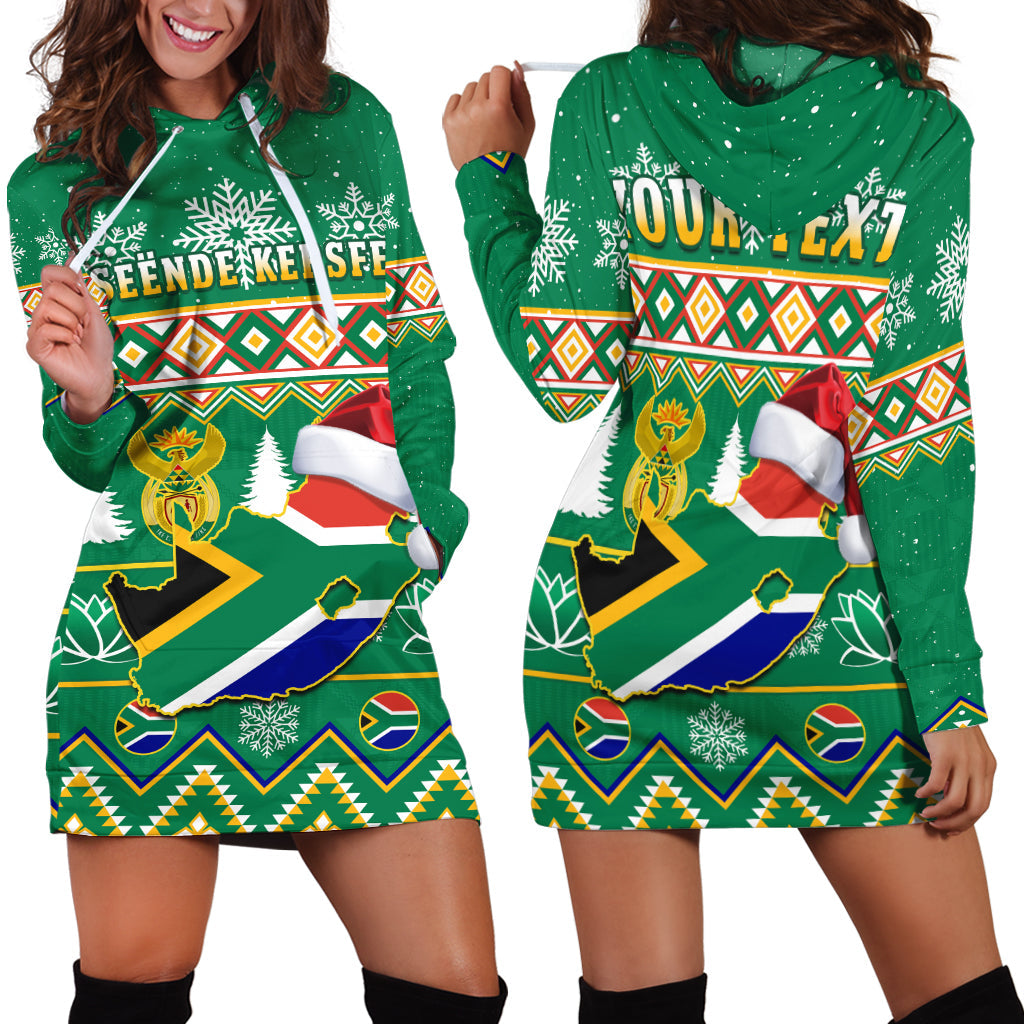 Green hoodie dress with festive South Africa flag and geometric print, long sleeves