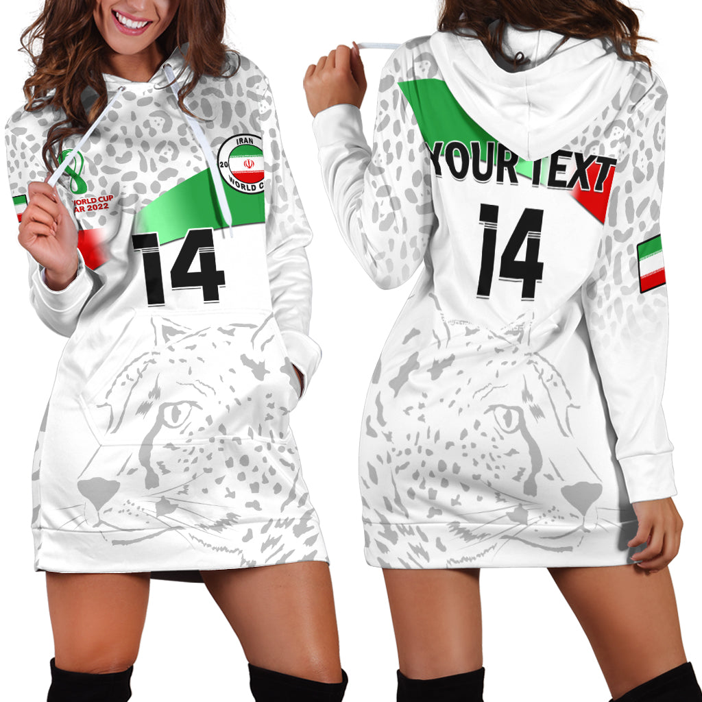 White hoodie dress with hood, long sleeves, front print and large number 14