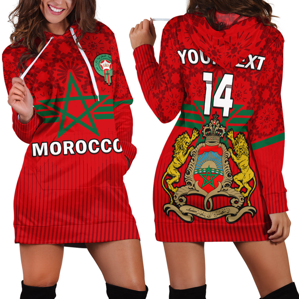 Red hoodie dress with Moroccan star pattern, crest and MOROCCO text