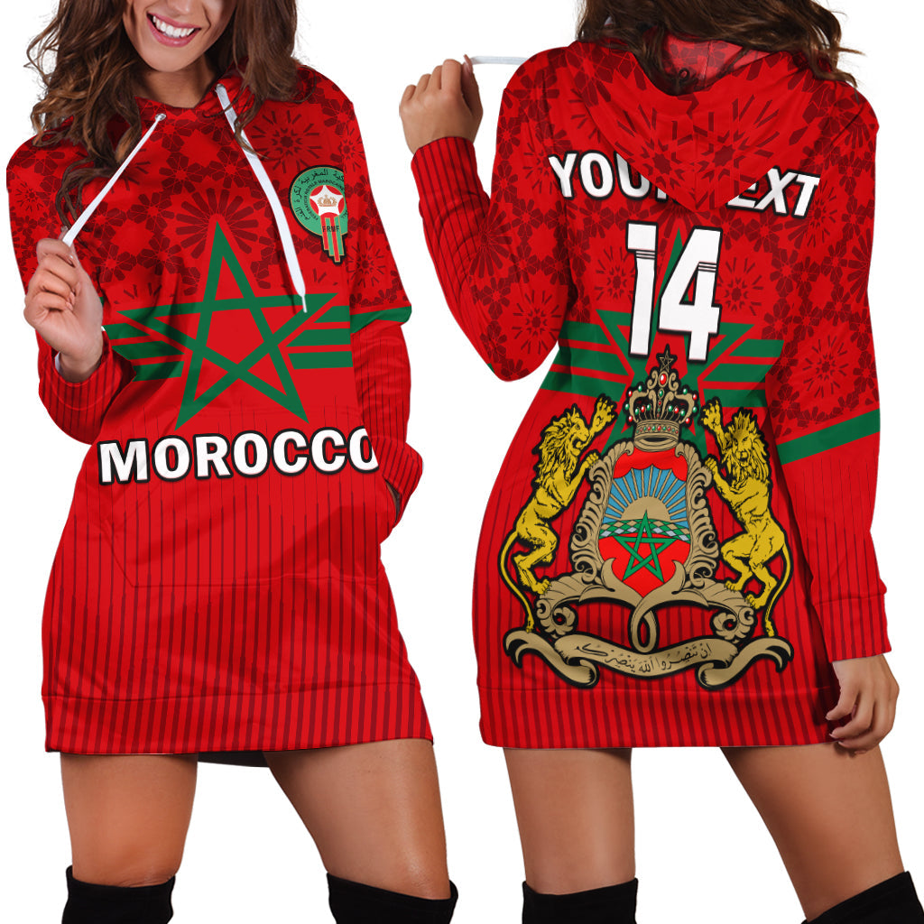 (Custom Text And Number) Morocco Football Hoodie Dress World Cup 2022 Red Moroccan Pattern - Wonder Print Shop