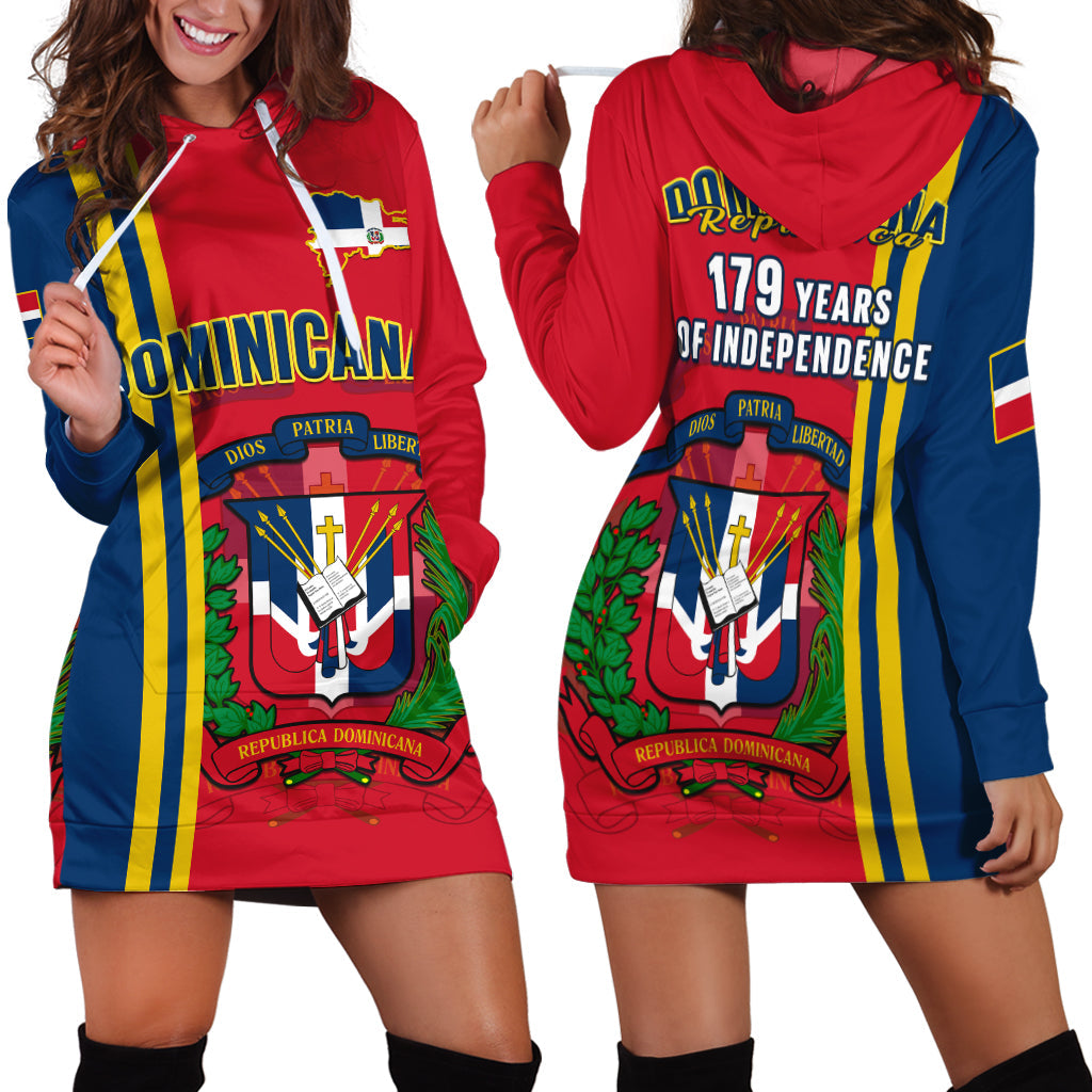 Red hoodie dress with large Independence 179 years graphic, hood, long sleeves.