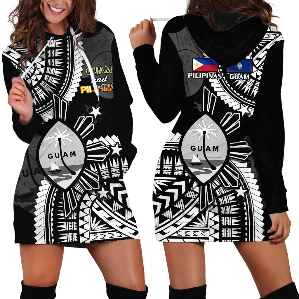 Black graphic hoodie dress with large Guam emblem front print and hood