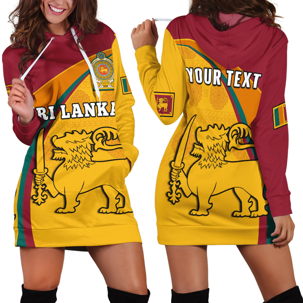 Red hoodie dress with yellow graphic lion, green trim, front kangaroo pocket and hood