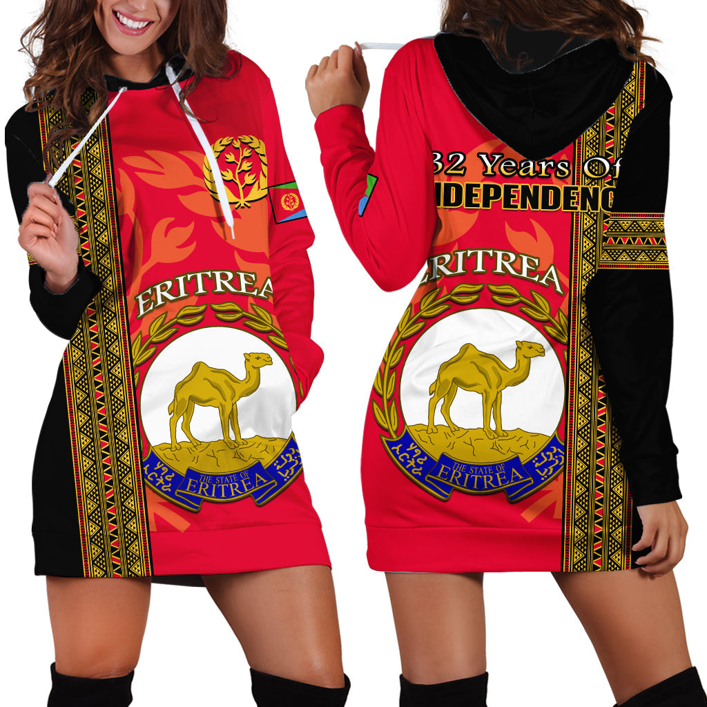 Red hoodie dress with African pattern trim and large Eritrea graphic crest, kangaroo