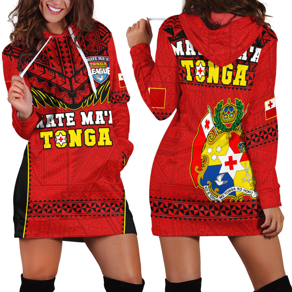 Red rugby hoodie dress with hood, long sleeves, bold geometric crest graphic, kangaroo pocket