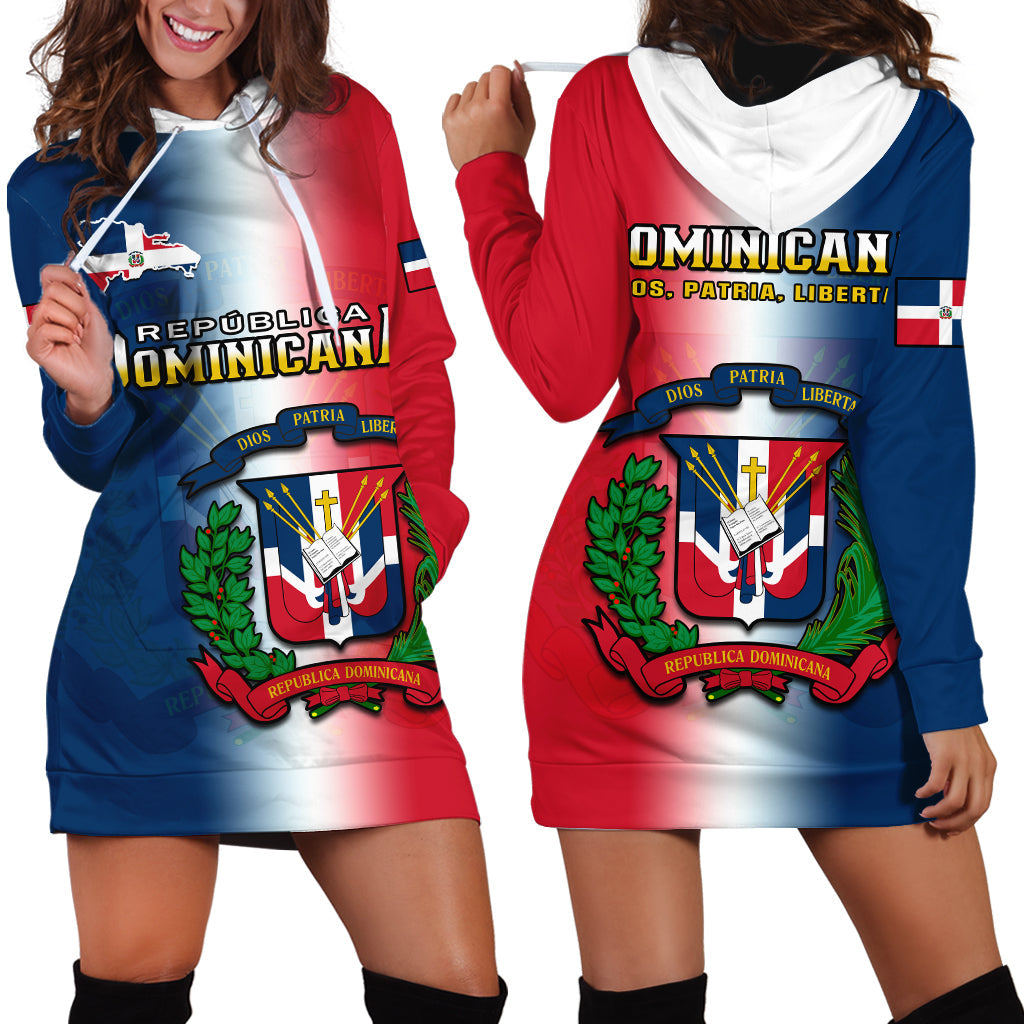 Hoodie dress with Dominican emblem and red-blue gradient, long sleeves, drawstring hood