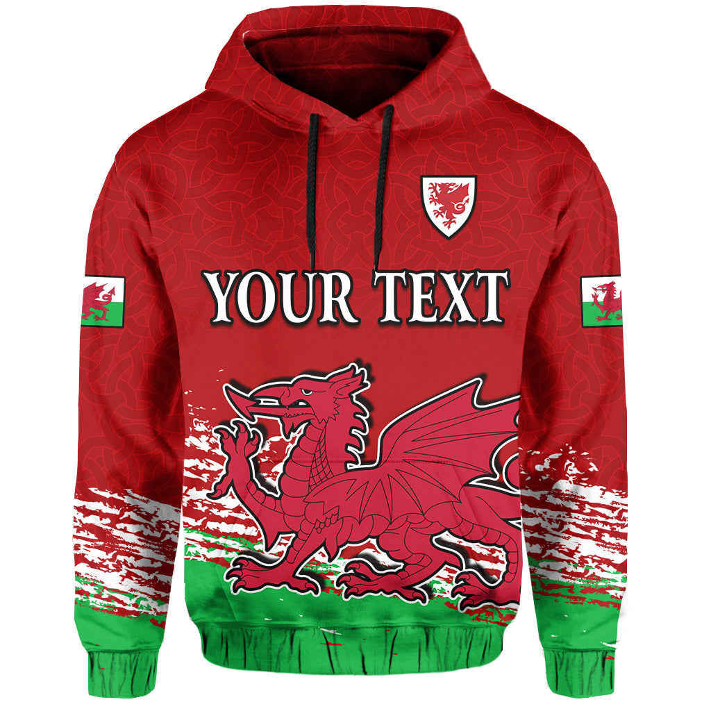 Red football hoodie with hood, drawcords, and “YOUR TEXT” front print