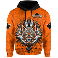 Orange hoodie with black hood and front wolf head graphic with customizable text