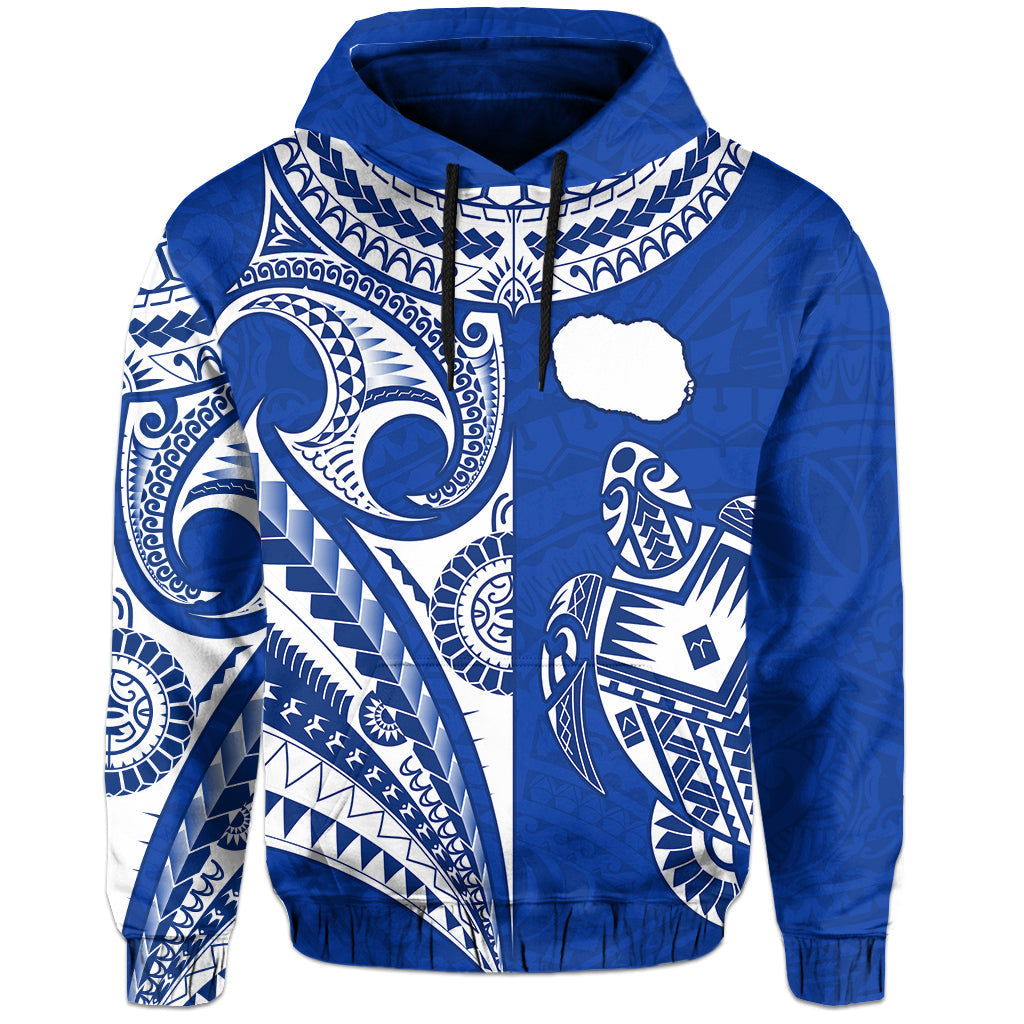 Blue pullover hoodie with blue/white map & turtle print, hood drawstring, kangaroo pocket