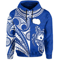 Blue pullover hoodie with blue/white map & turtle print, hood drawstring, kangaroo pocket