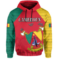 Front view red Cameroon hoodie with crest, 'TRAVAIL' and 'PATRIE' text