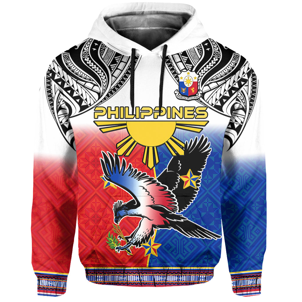 White pullover hoodie with Philippines eagle graphic, tribal black-and-white shoulder print