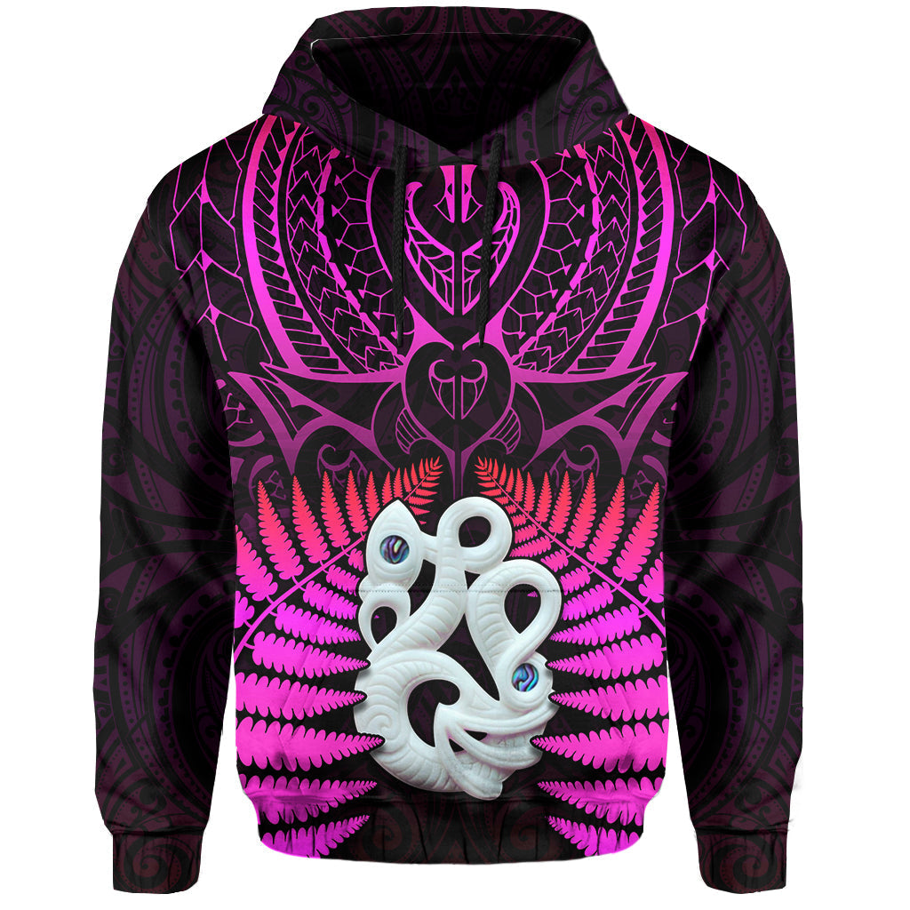 Lila Pullover-Hoodie mit Hei-Tiki-Print und Korbfarn-Federn, Vorderseite