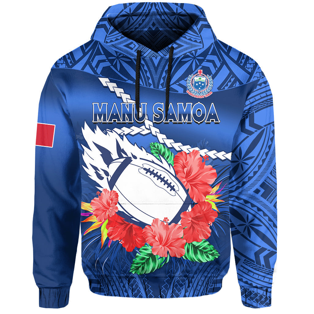 Samoa Rugby Hoodie Manu Samoa Polynesian Hibiscus Blue Style - Wonder Print Shop