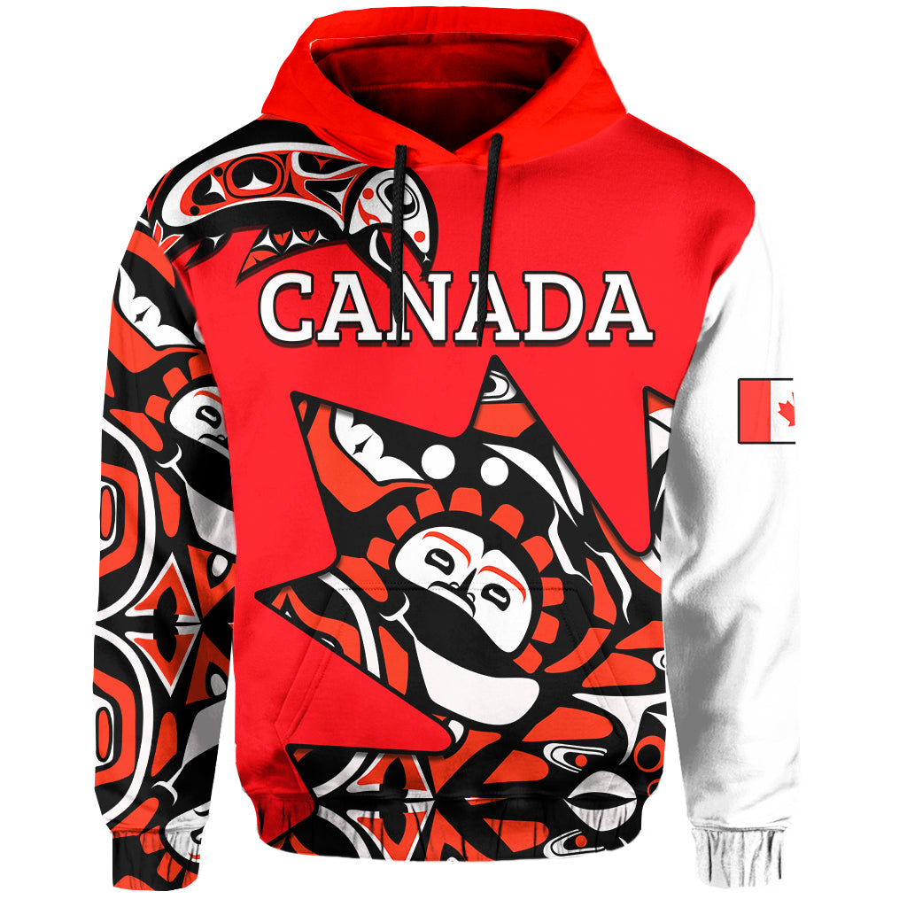 Red pullover hoodie with Canada graphic, Haida-style artwork, and black drawstrings