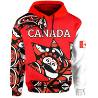 Red pullover hoodie with Canada graphic, Haida-style artwork, and black drawstrings