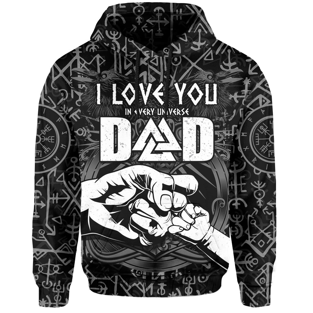 Black pullover hoodie with rune pattern and 'I Love You Dad' graphic, fist design