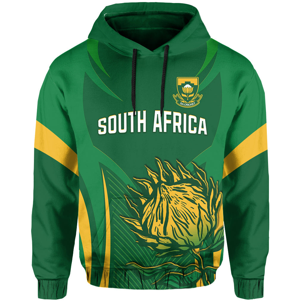 Green pullover hoodie: SOUTH AFRICA print, Proteas crest, lion graphic, hood drawstrings