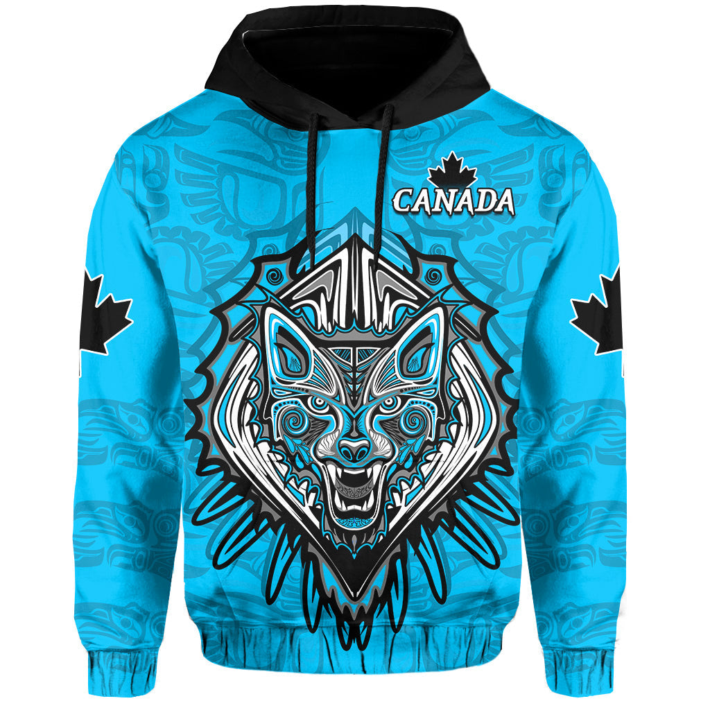 Canada Maple Leaf Hoodie Blue Haida Wolf LT13 - Wonder Print Shop