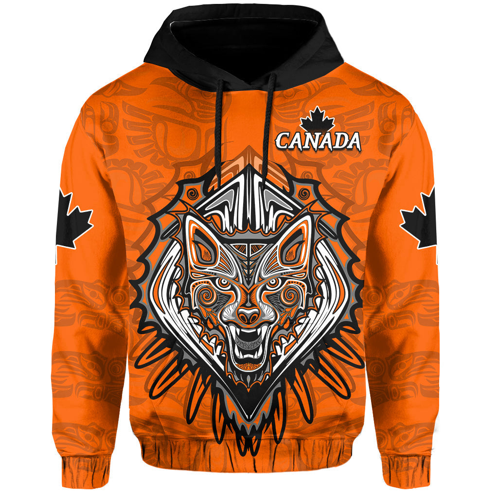 Canada Maple Leaf Hoodie Orange Haida Wolf LT13 - Wonder Print Shop