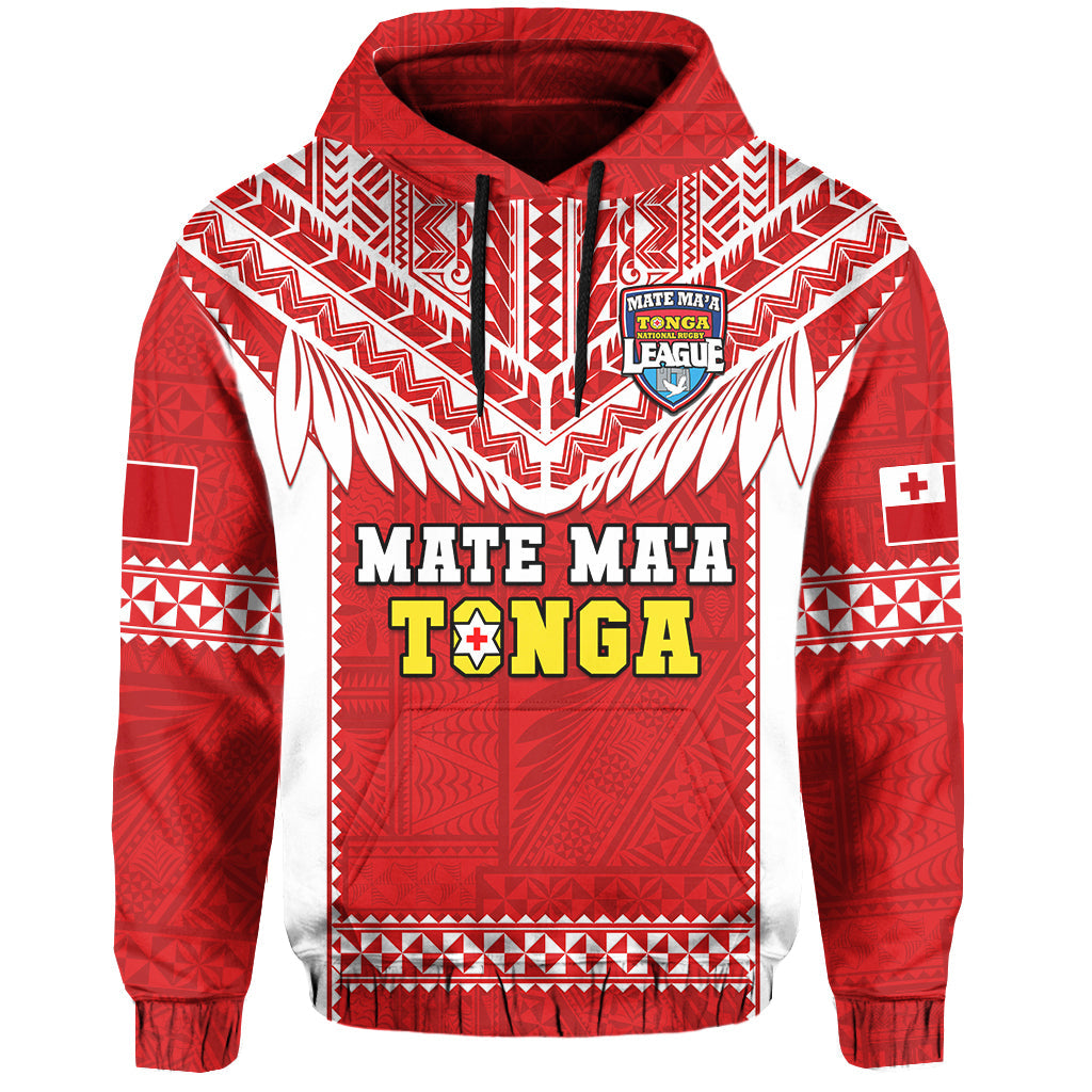 Red and white zip-front hooded sweatshirt with bold tribal graphic and drawstring