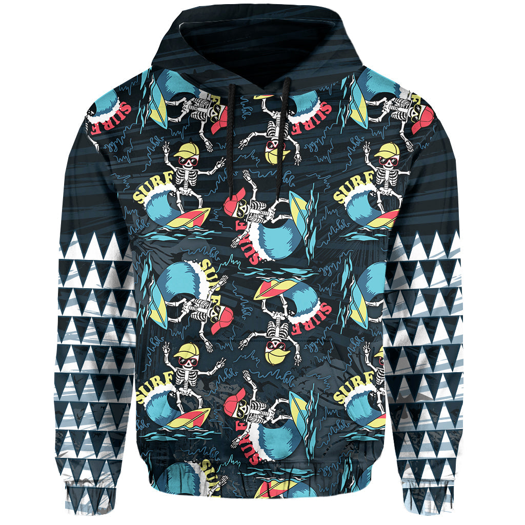 Black surf skeleton pullover hoodie with colorful graphic print, hood, and front pocket.