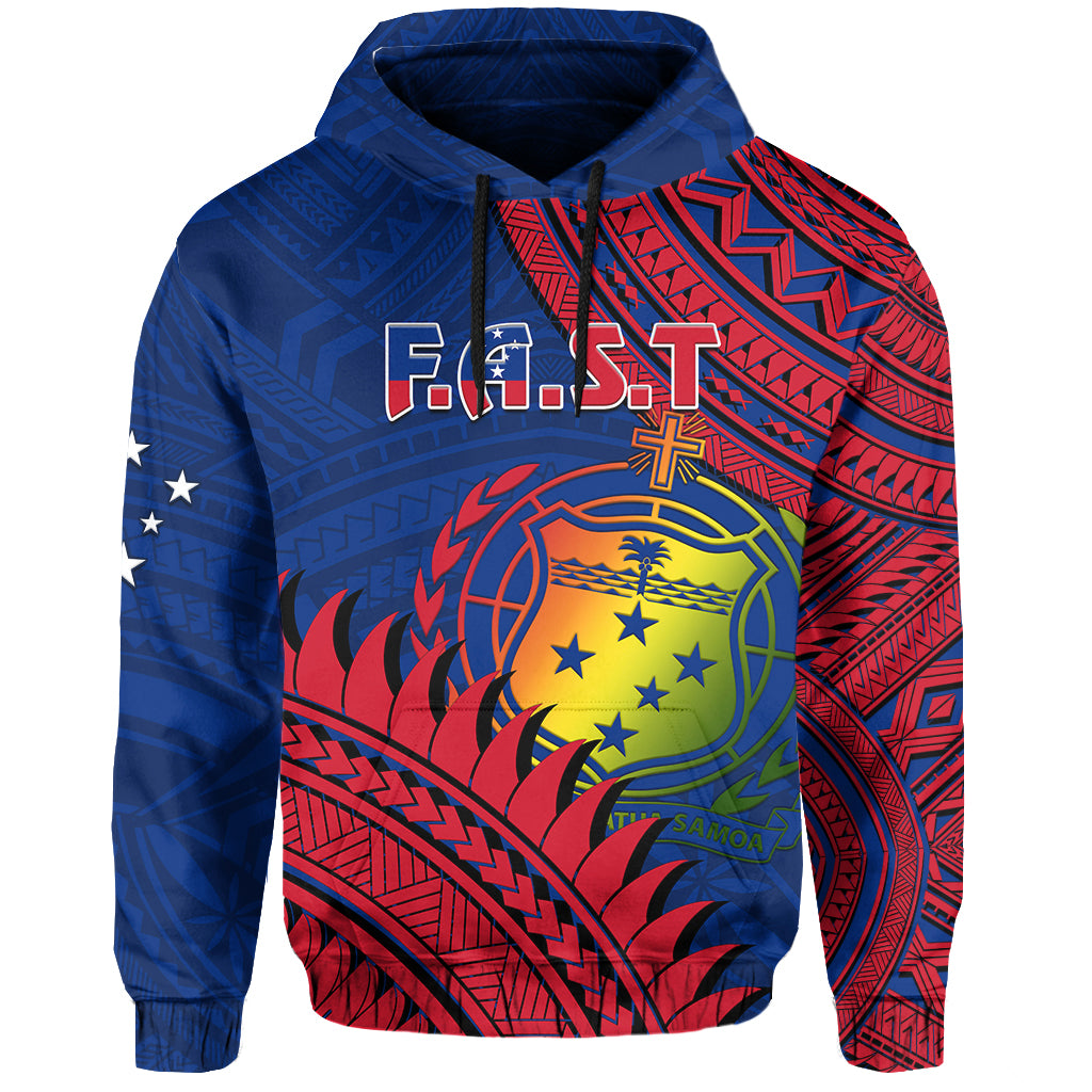 Blue zip hoodie with red Polynesian pattern, central crest and F.A.S.T emblem