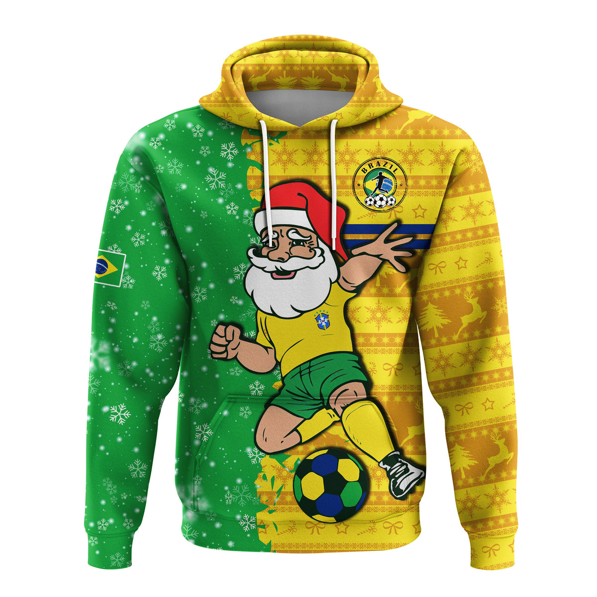 Green and yellow pullover hoodie with Santa graphic, soccer ball, and drawstring hood