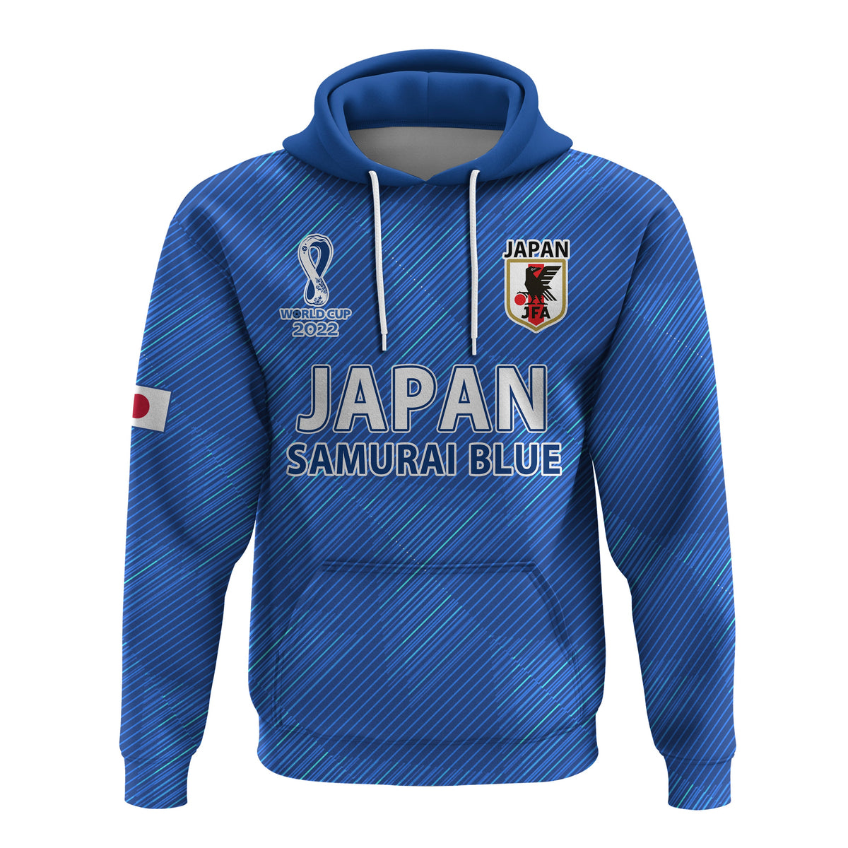 Blue hooded football sweatshirt with drawstrings, Japan graphics, World Cup 2022 badge