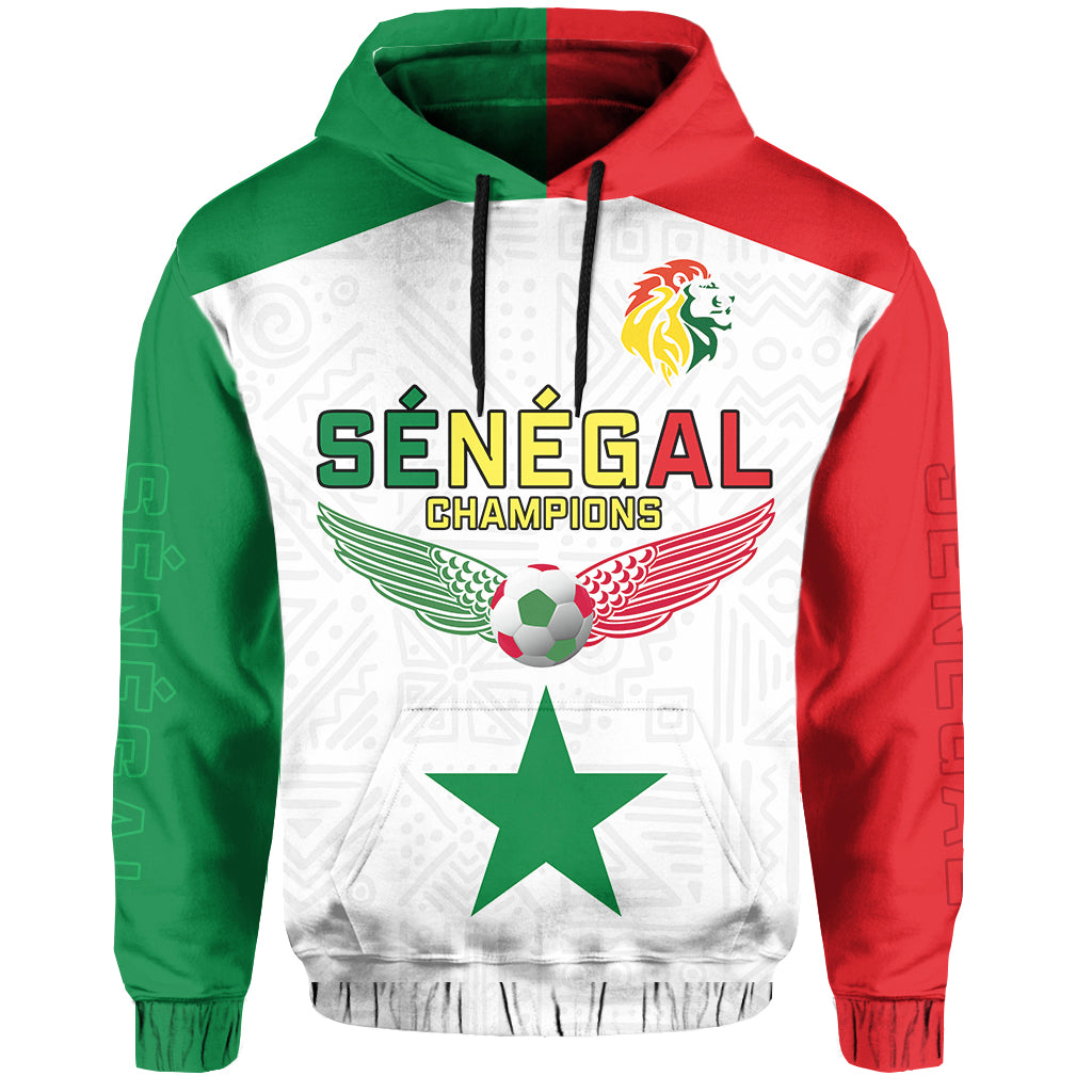 Football hoodie in white, green and red with 'Senegal Champions' print and hood drawstrings.