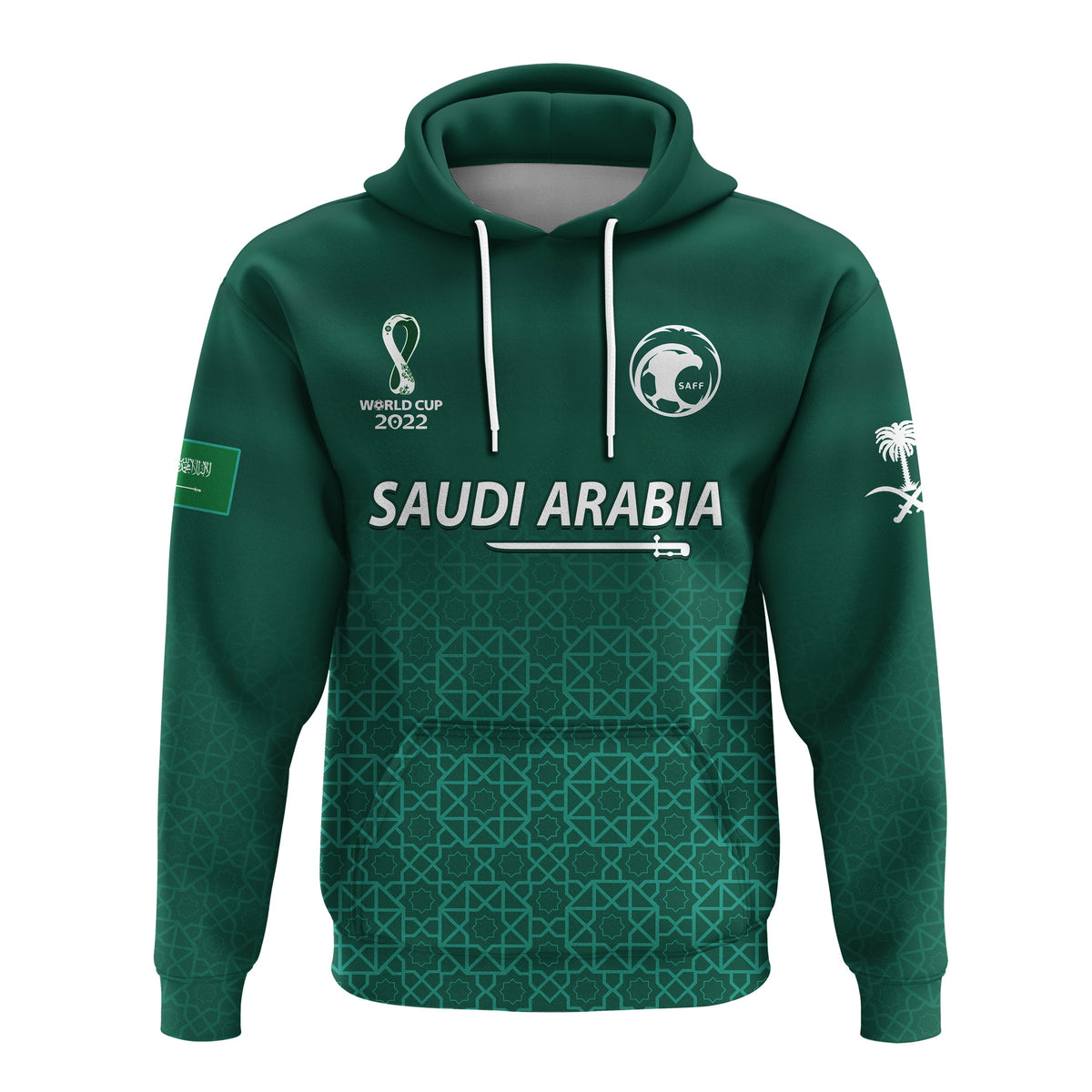 Green pullover football hoodie with Saudi Arabia front text and sword pattern