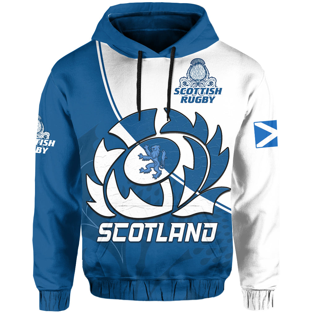 Blue pullover hoodie with Scottish Rugby crest and Scotland graphic on front