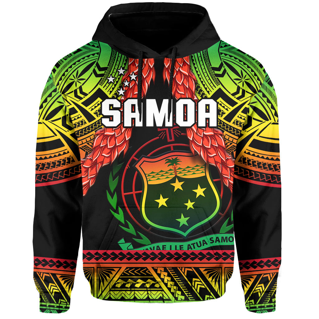 Rugby pullover hoodie with black base, green tribal print, red flowers, Samoa crest