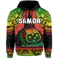 Rugby pullover hoodie with black base, green tribal print, red flowers, Samoa crest