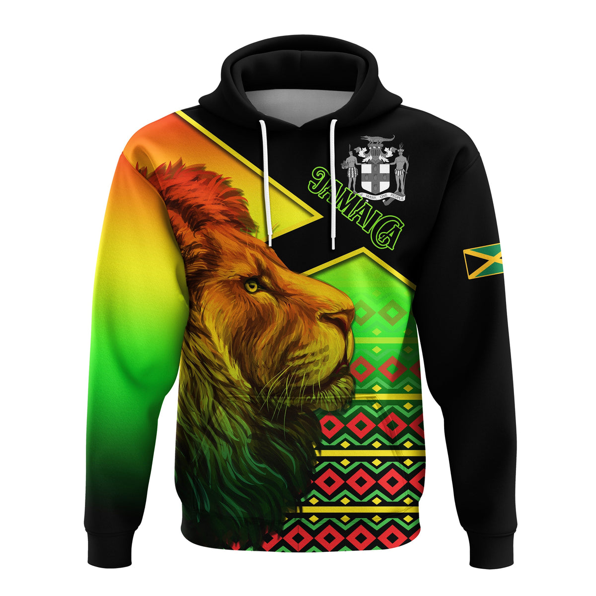 Black pullover hoodie with lion graphic, Jamaican pattern panels and drawstring hood