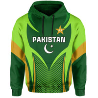Green pullover hoodie with drawstring, Pakistan front graphic and crescent emblem