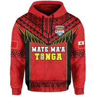 Red pullover rugby hoodie with black graphic front and drawstring hood