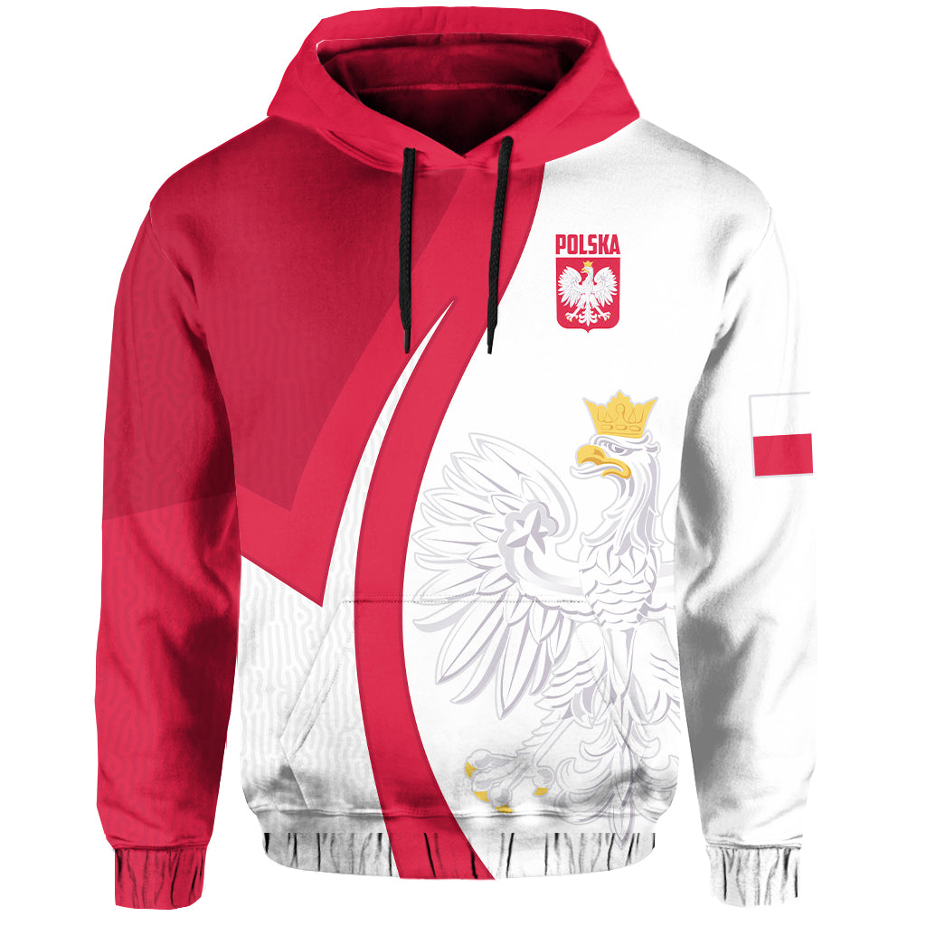 Football hoodie with red/white panels, drawstring hood, Poland crest and eagle graphic