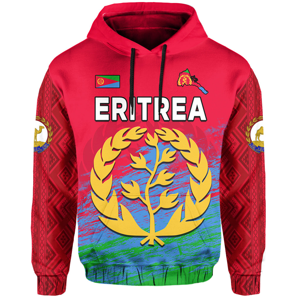 Red pullover hoodie with front ERITREA print, Eritrea flag icon and circular tree emblem