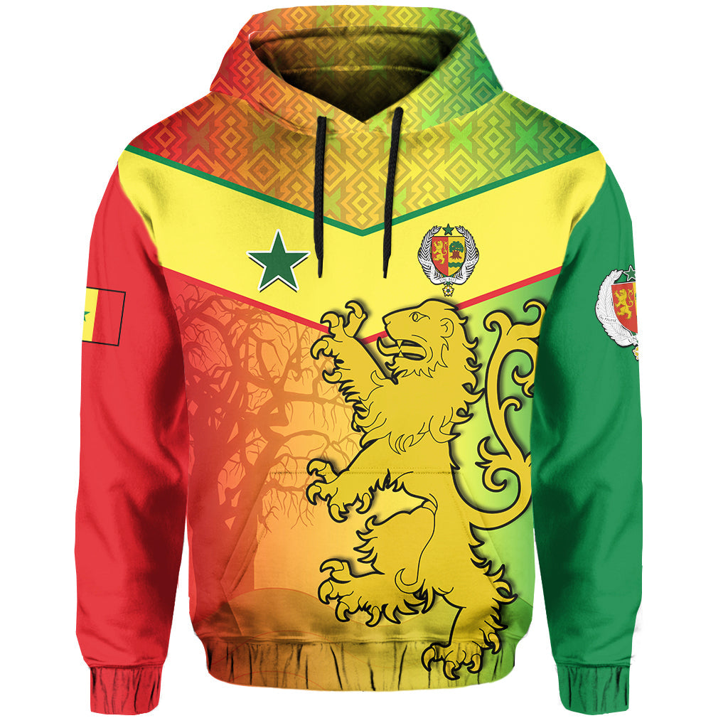 Senegal reggae pullover hoodie with lion graphic, hood drawstrings, and flag colors