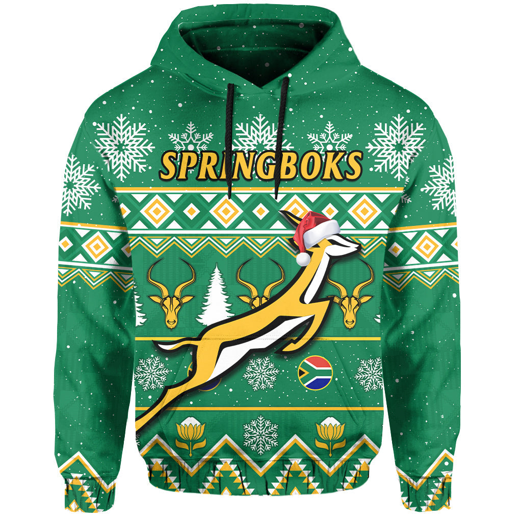 Green pullover rugby Christmas hoodie with Springboks front graphic and drawstring hood